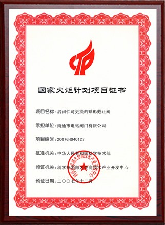 國(guó)家火炬計(jì)劃項(xiàng)目立項(xiàng)證書